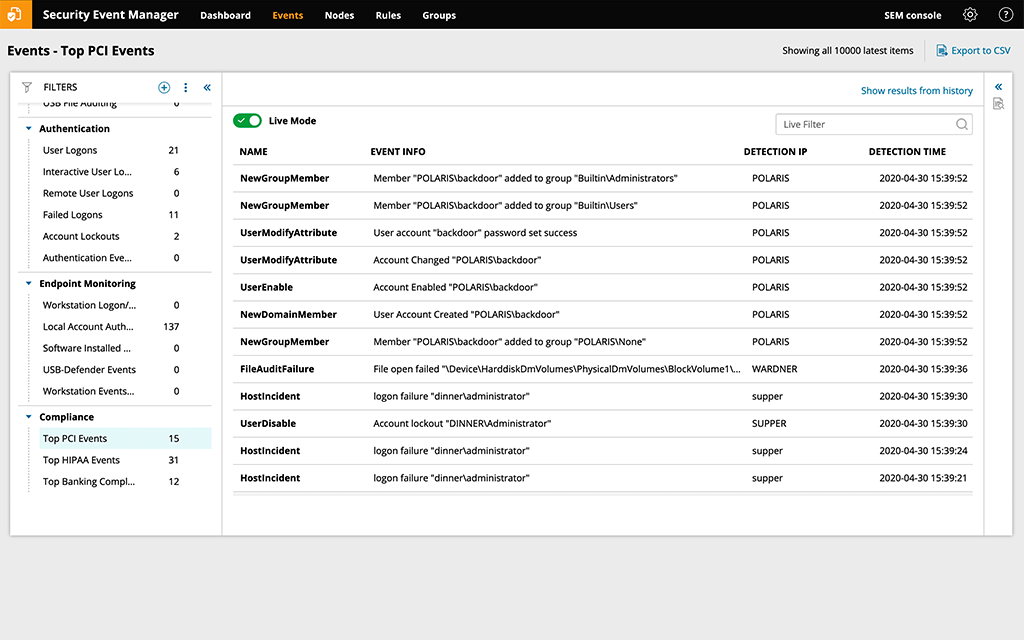 screenshot of Security Event Manager